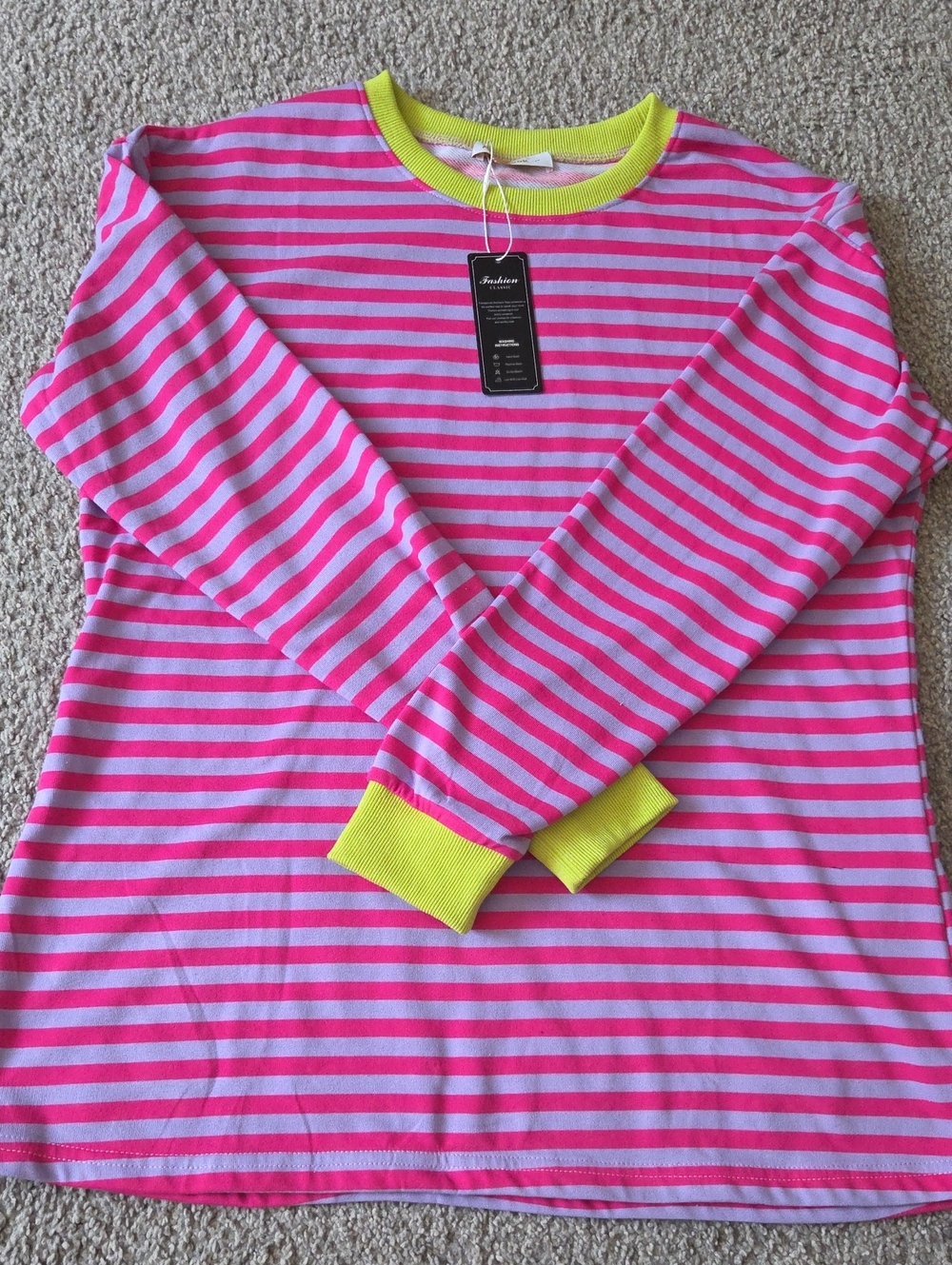NWT Neon Pink & Lavender Striped Long-Sleeve Pullover Large Cotton Blend